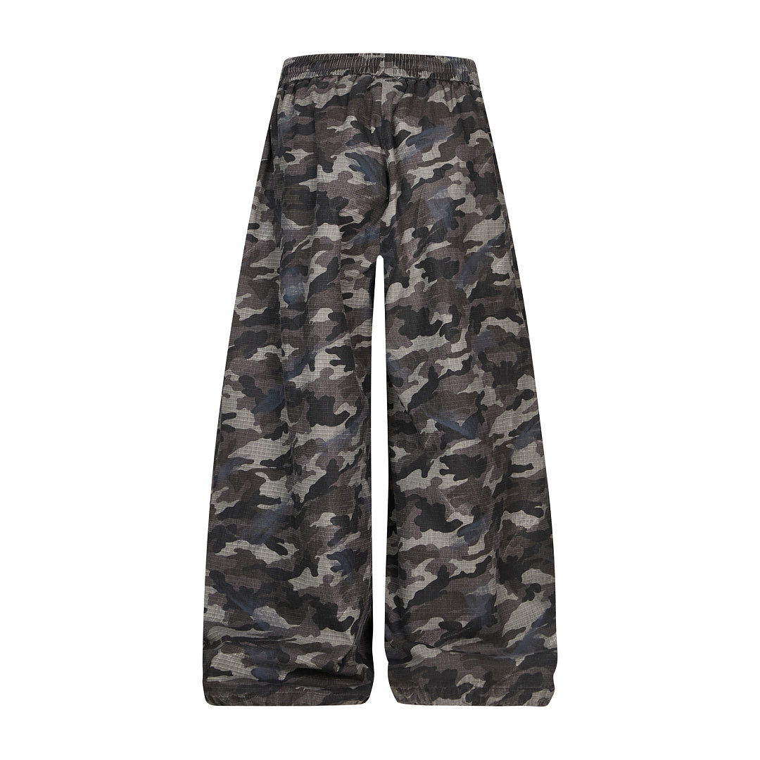 Grey Camo Camo Ripstop Wide-Leg Drawstring Trousers