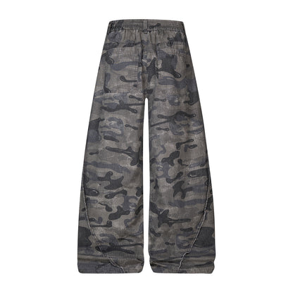 Grey Camo Washed Camo Seam-Detail Trousers