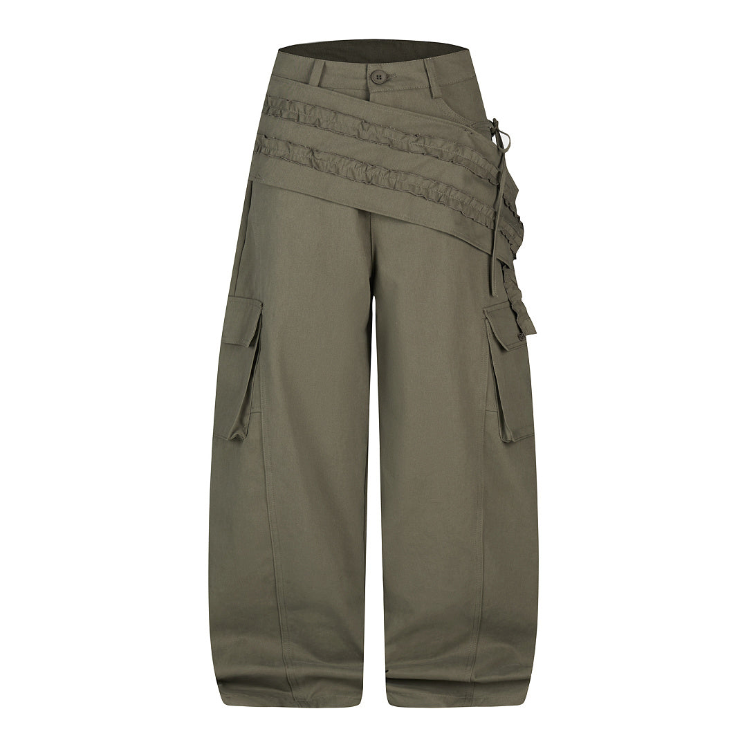 Olive Ruffle-Panel Cargo Barrel Trousers