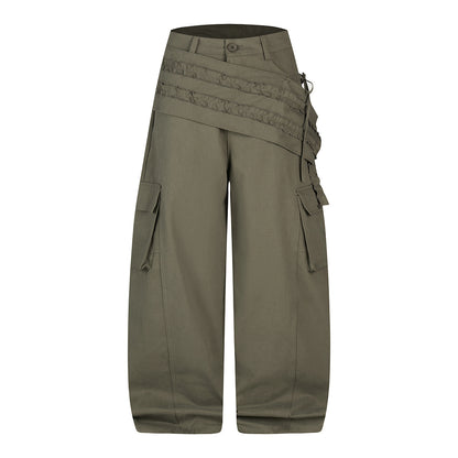Olive Ruffle-Panel Cargo Barrel Trousers