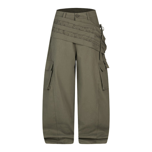 Olive Ruffle-Panel Cargo Barrel Trousers