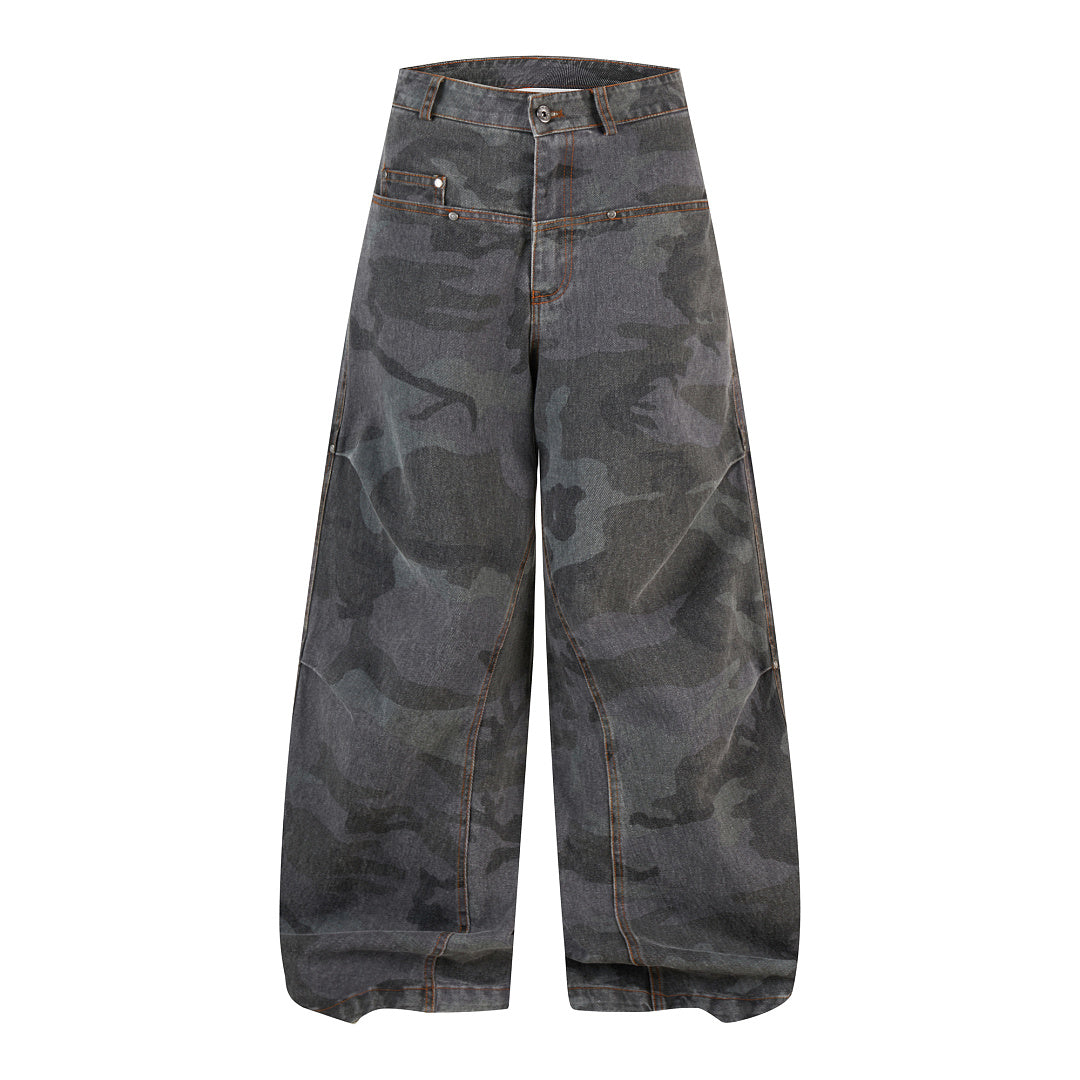 Grey Camo Camo Denim Barrel-Leg Jeans