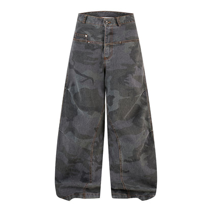 Grey Camo Camo Denim Barrel-Leg Jeans