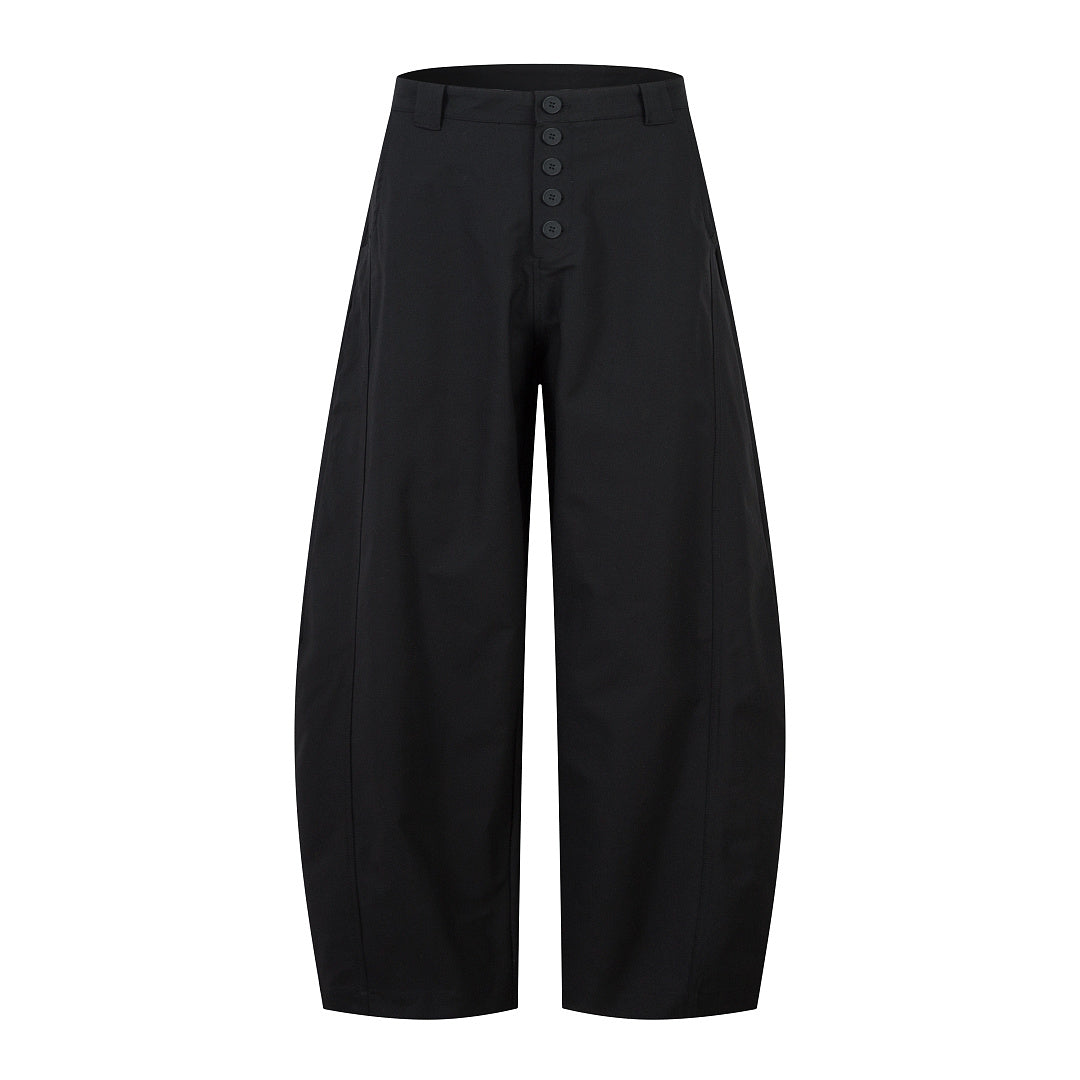 Black Button-Fly Barrel-Leg Trousers
