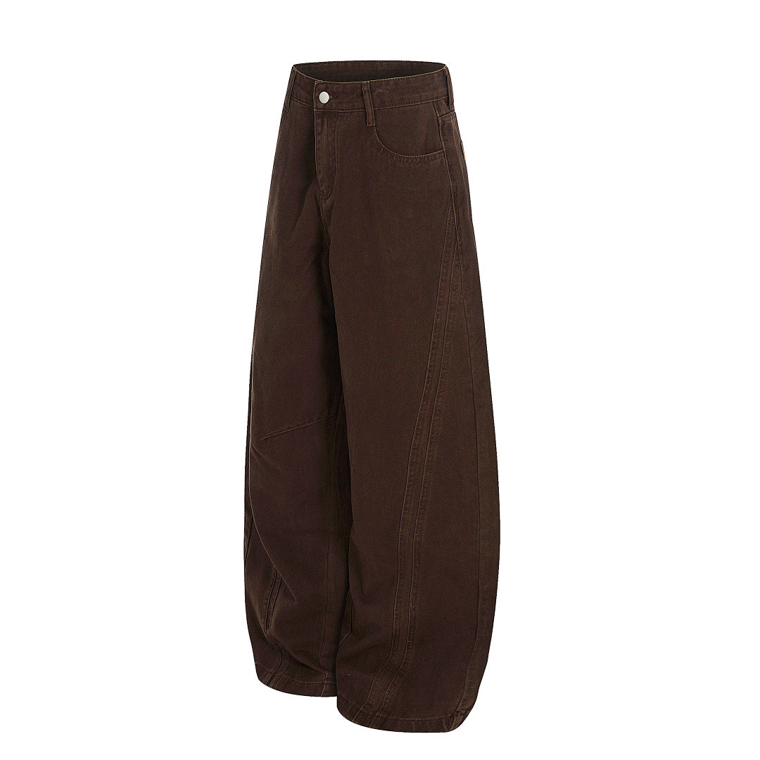 Brown Barrel-Leg Twill Jeans