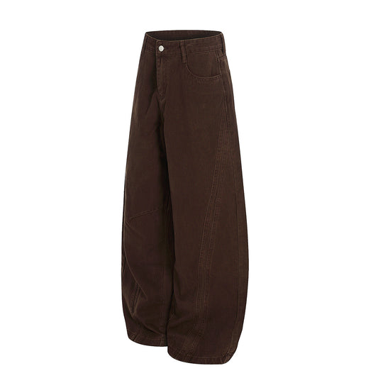 Brown Barrel-Leg Twill Jeans