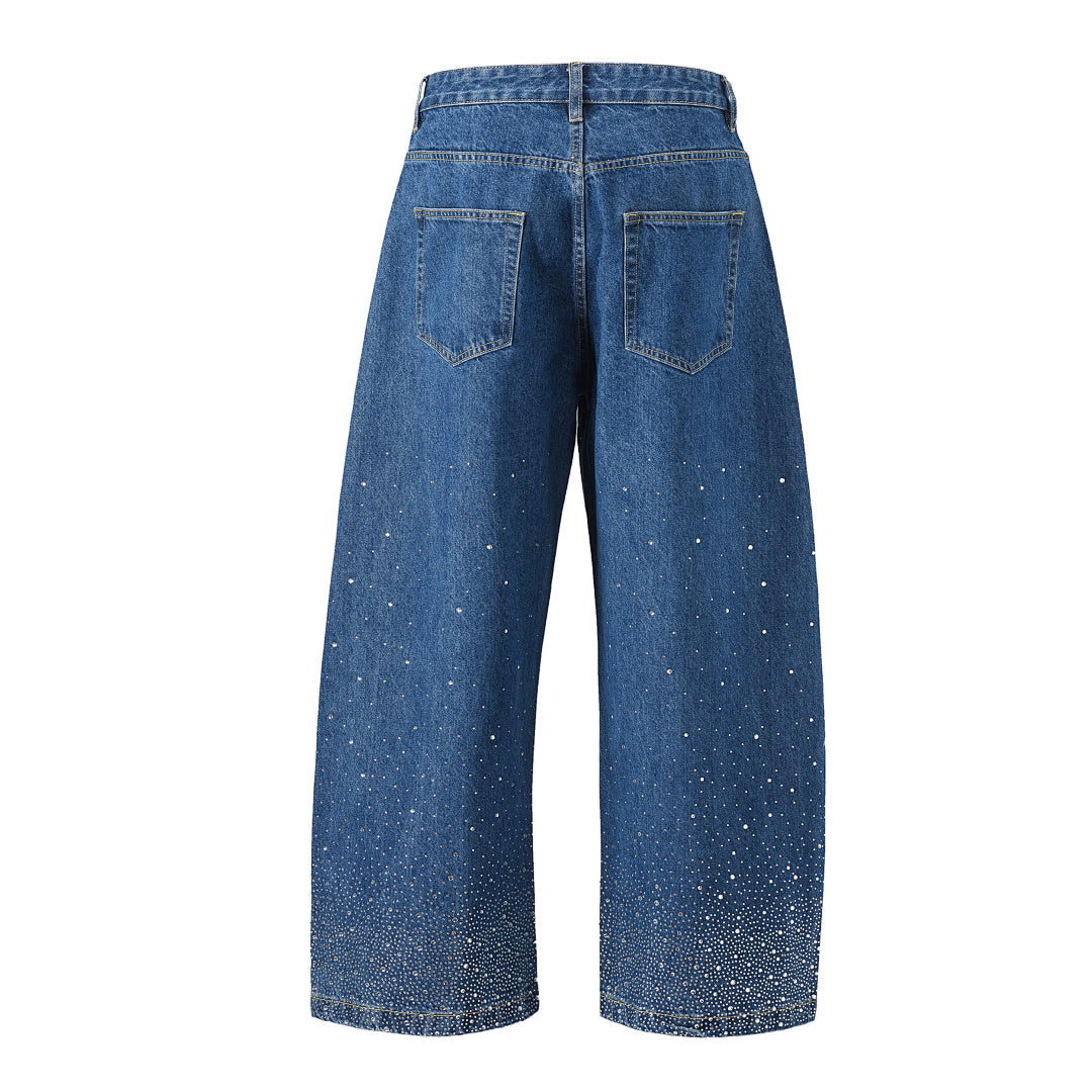 Mid Blue Rhinestone Barrel-Leg Jeans