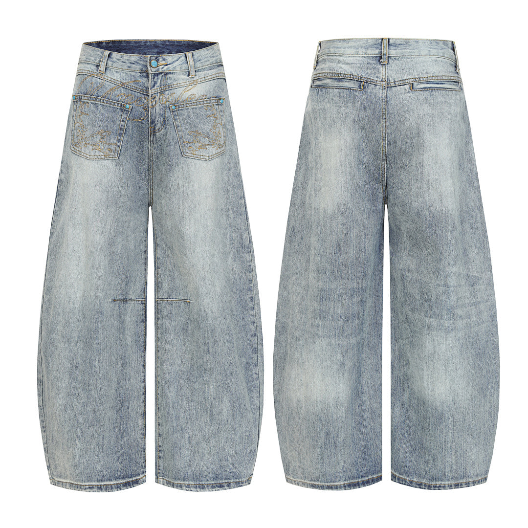 Light Wash Embroidered Barrel-Leg Jeans