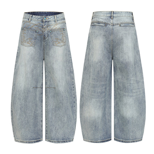 Light Wash Embroidered Barrel-Leg Jeans