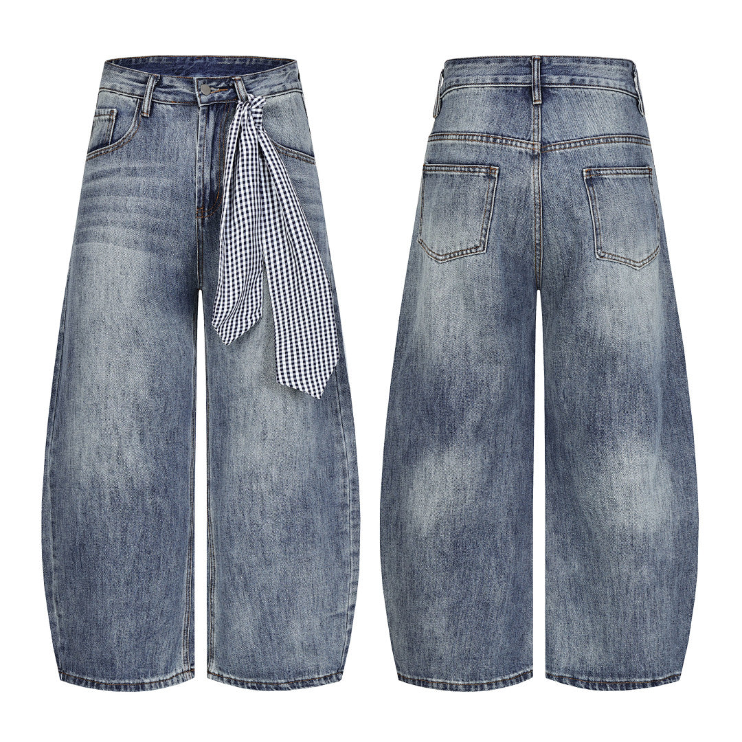 Mid Blue Gingham Scarf-Tie Barrel Jeans