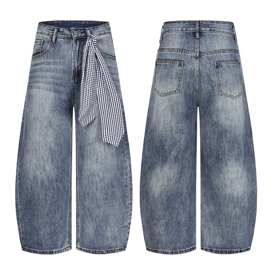 Mid Blue Gingham Scarf-Tie Barrel Jeans