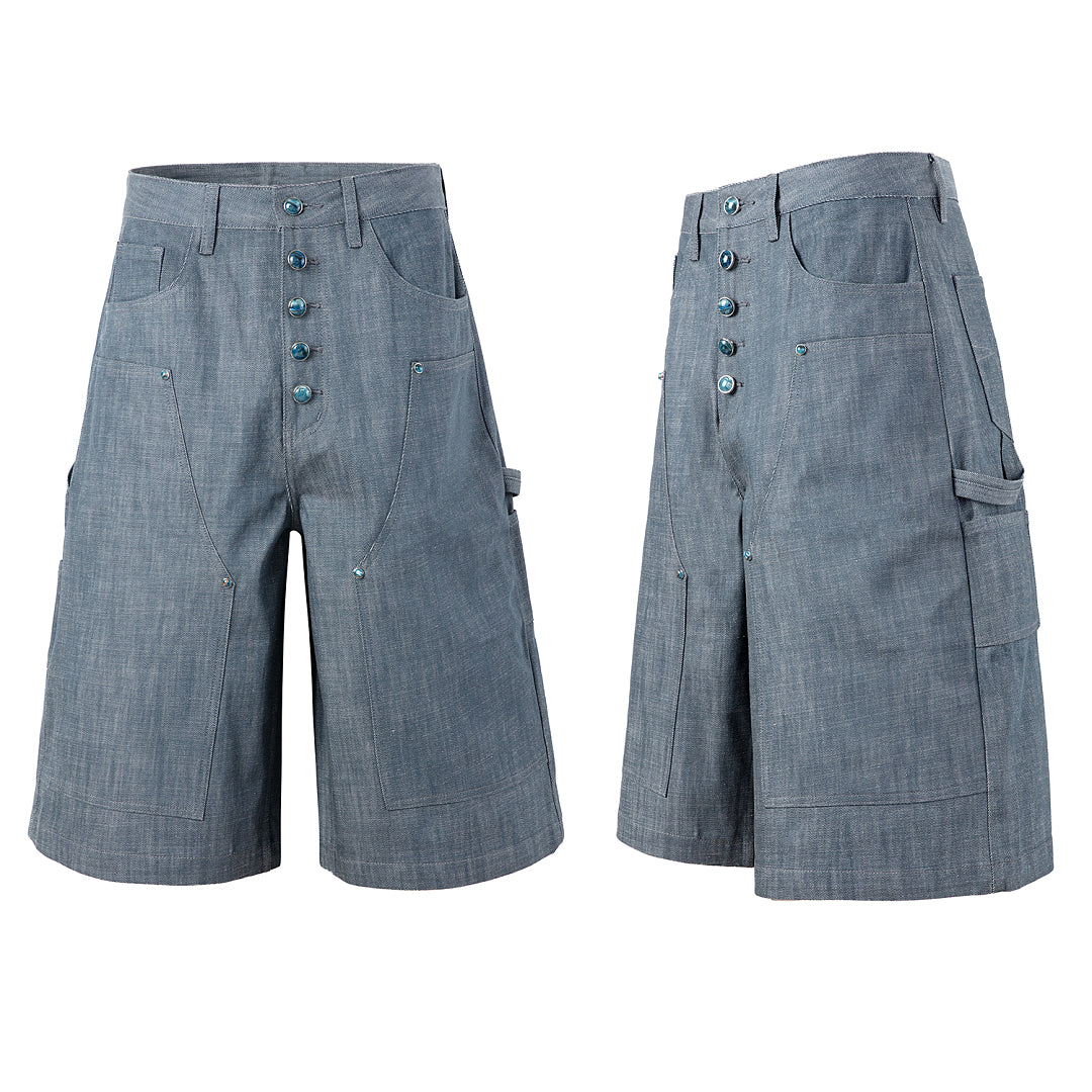 Grey Denim Button-Fly Carpenter Denim Shorts