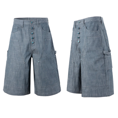 Grey Denim Button-Fly Carpenter Denim Shorts